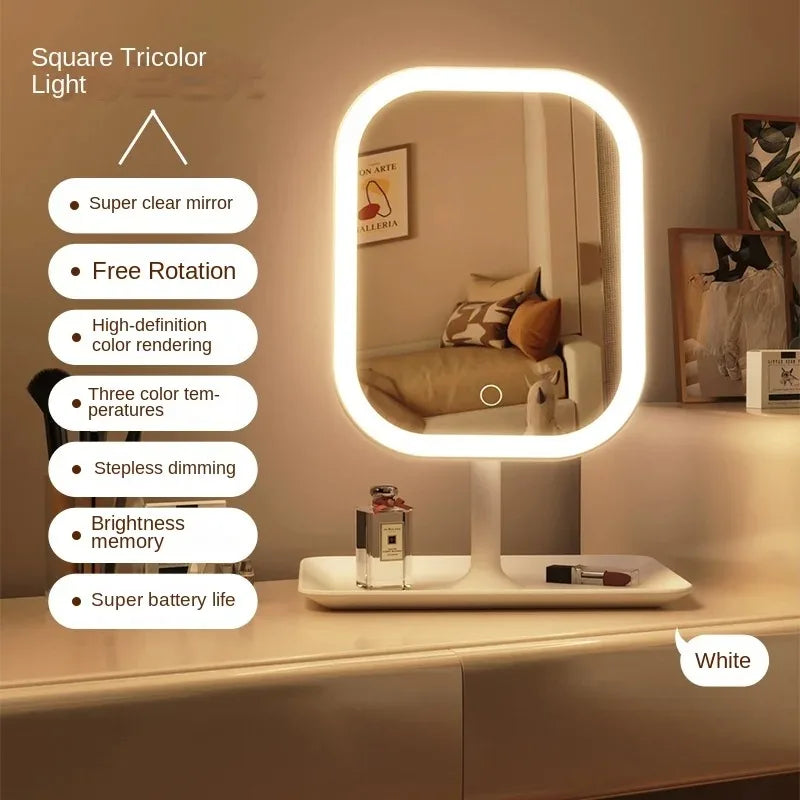 Makeup Mirror with 3 Colors LED Light Dimmable Touch Screen Vanity Mirrorr 270-degree Rotation Adjustable Portable Travel Mirror