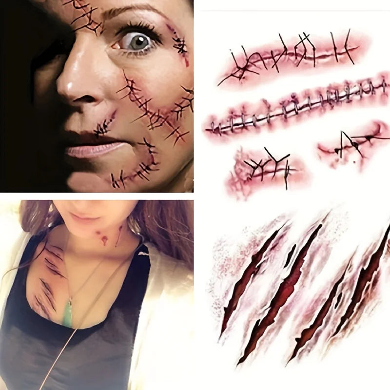 Zombie Scars Tattoos with Fake Scab Bloody Makeup Fool's Day Prank Props Party Decoration Wound Scary Sticker for Cosplay Costum