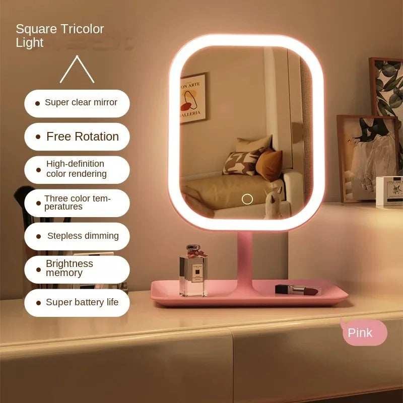 Makeup Mirror with 3 Colors LED Light Dimmable Touch Screen Vanity Mirrorr 270-degree Rotation Adjustable Portable Travel Mirror