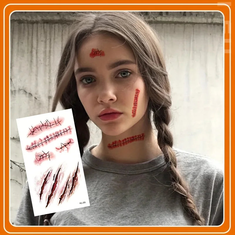 Zombie Scars Tattoos with Fake Scab Bloody Makeup Fool's Day Prank Props Party Decoration Wound Scary Sticker for Cosplay Costum