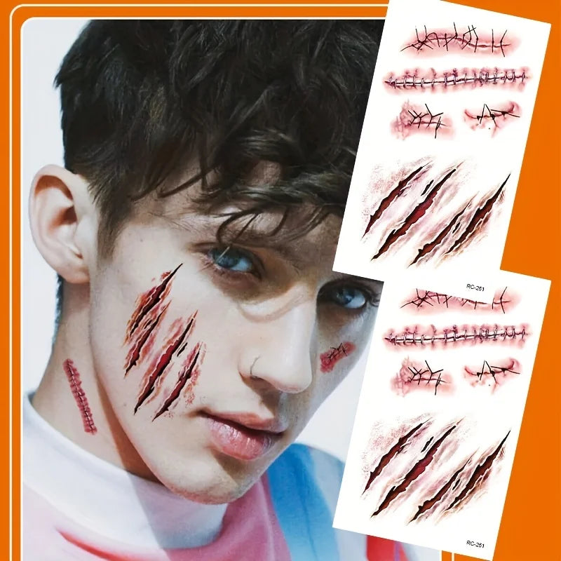 Zombie Scars Tattoos with Fake Scab Bloody Makeup Fool's Day Prank Props Party Decoration Wound Scary Sticker for Cosplay Costum