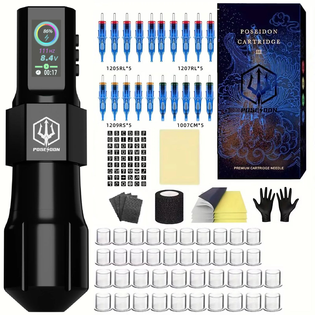 Tattoo Kit POSEIDON Hot Cool Tattoo Pen Kit For Permanent Makeup Tattoo Machine Kit Wireless Tattoo Power Supply Tattoo Gun Kit